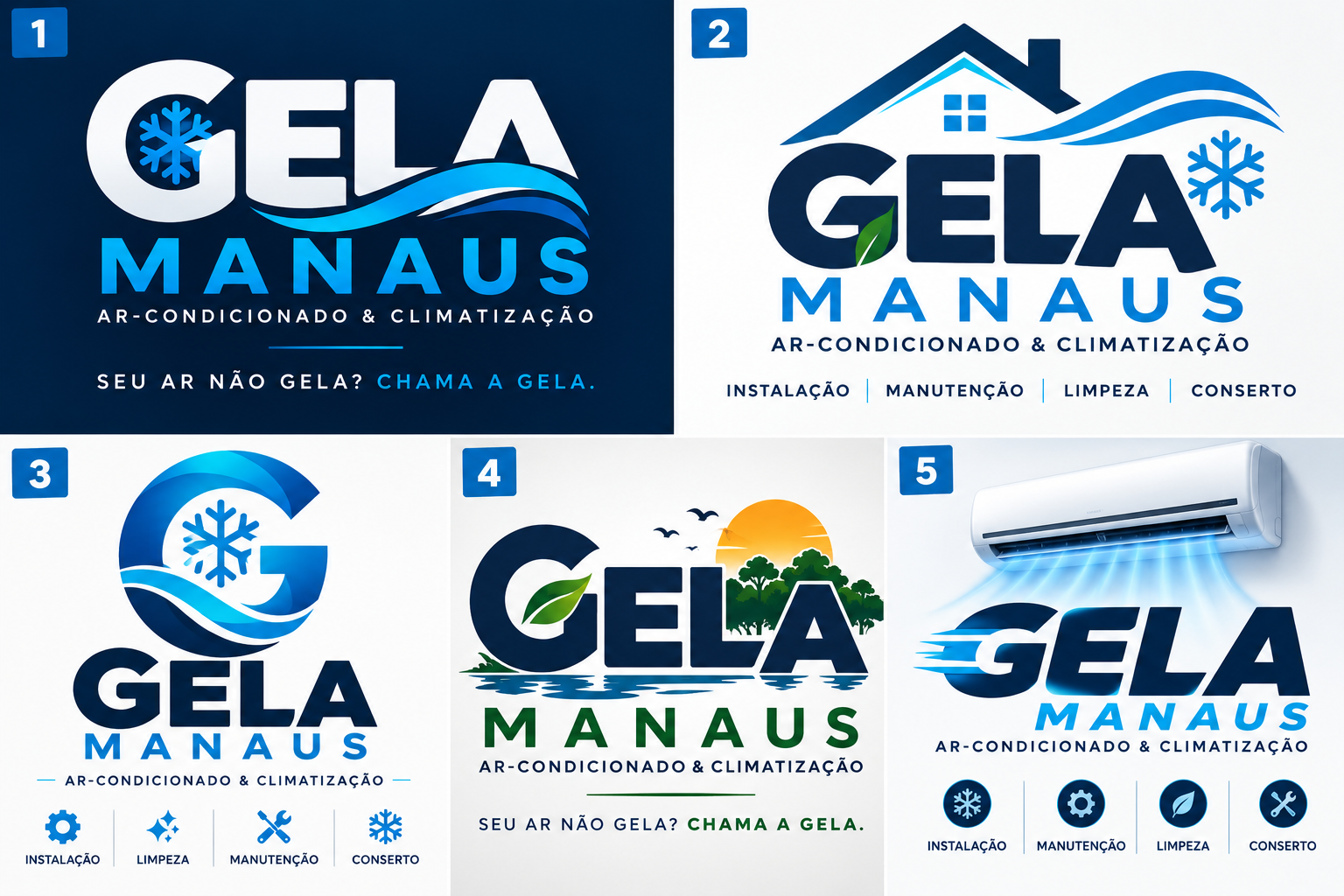 Logo Gela Manaus: G azul com floco de neve e onda